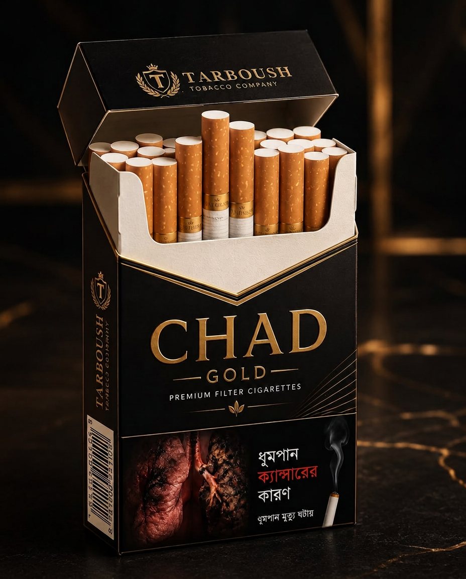 An opened pack of Tarboush Chad Gold king size filter cigarettes, gold foil turned back to reveal evenly packed filter tips