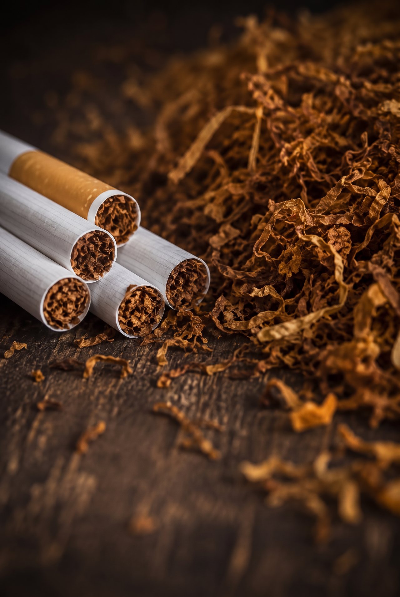 Macro photograph of Tarboush filter cigarettes beside loose cut tobacco, showing uniform circumference, firm density and clean filter seams