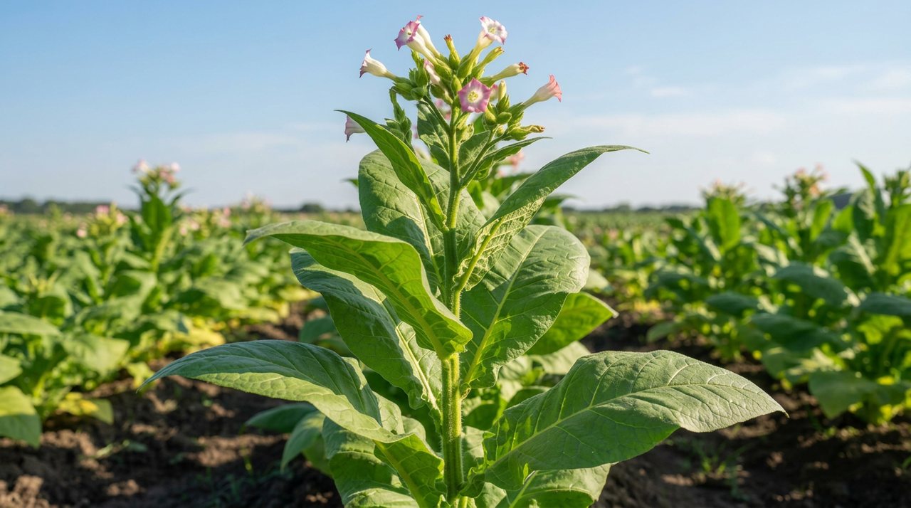 Rows of mature tobacco plants growing in a sunlit cultivated field, broad green leaves ready for harvest