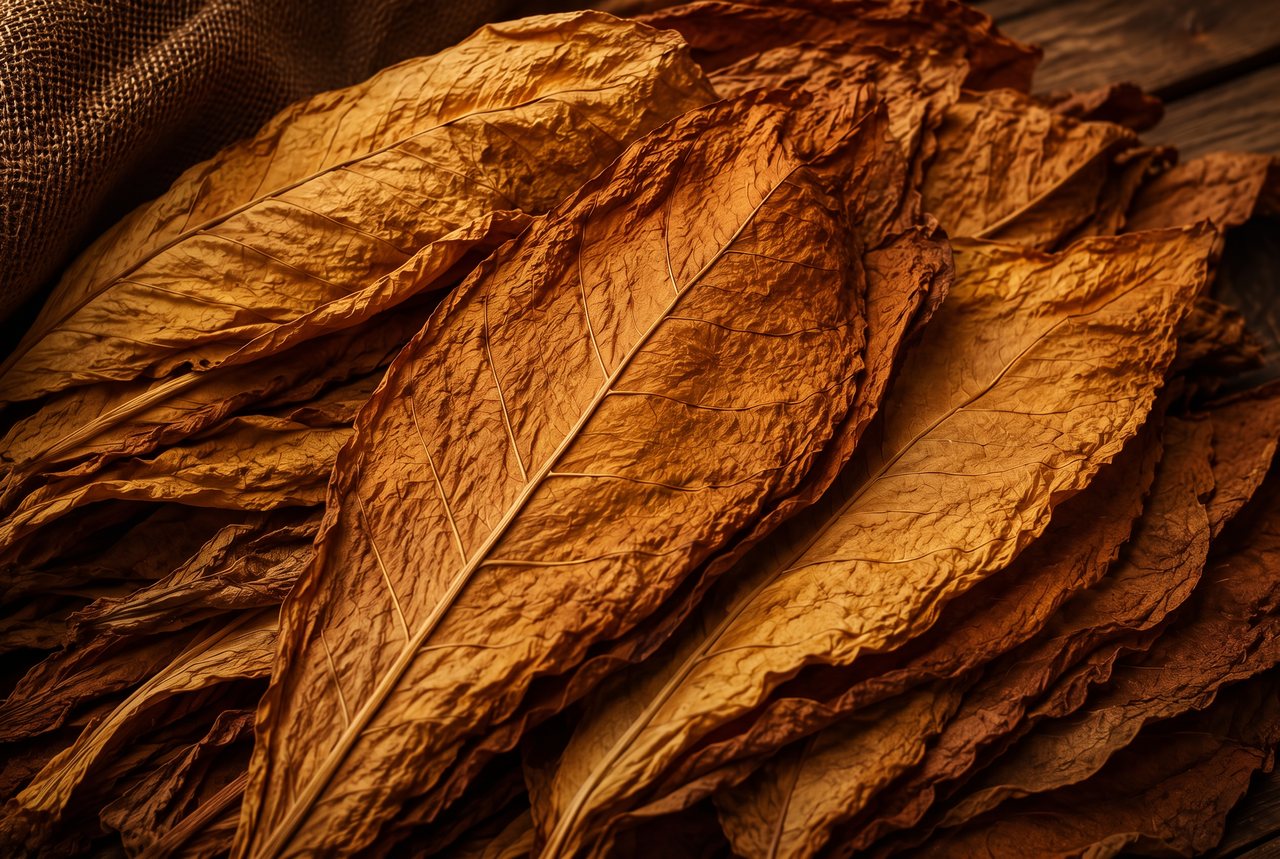 Cured golden-brown tobacco leaves laid out on aged wood, fine veining and colour grading visible across each leaf
